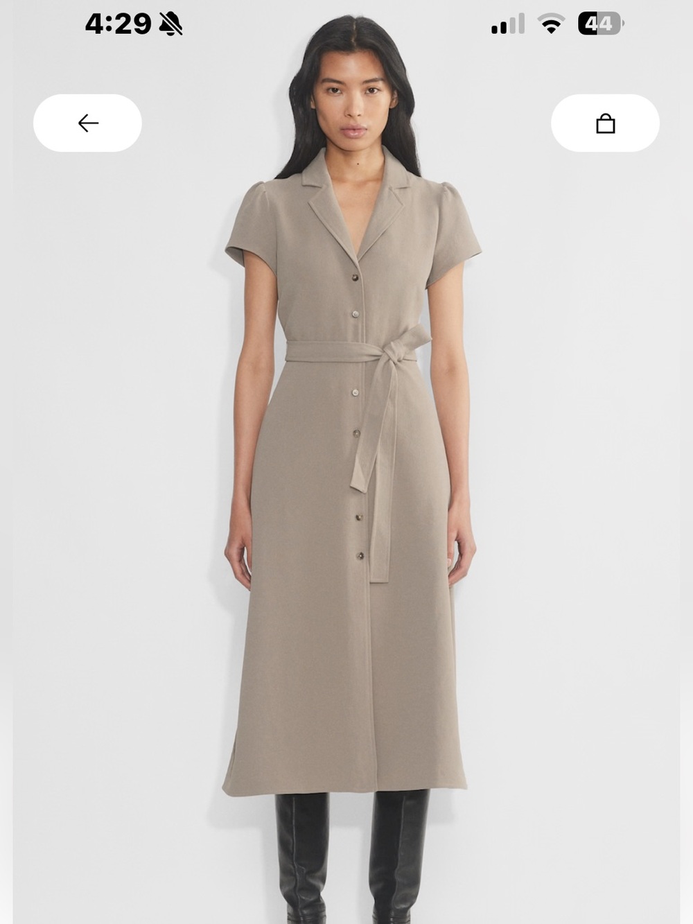 Aritzia Taupe Button-Front Midi Dress with Self-Tie Waist